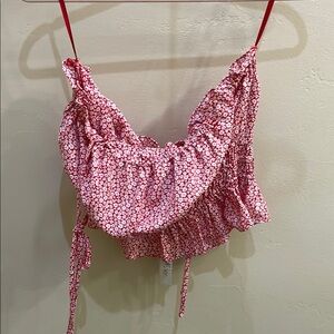 She + Sky Pink and White Ruffled Sleeveless Blouse